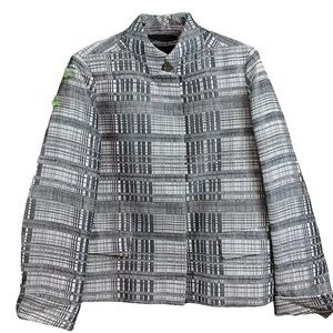 Lafayette 148 Metallic Striped Plaid Buttoned Blazer Jacket Silver Gray Size 8